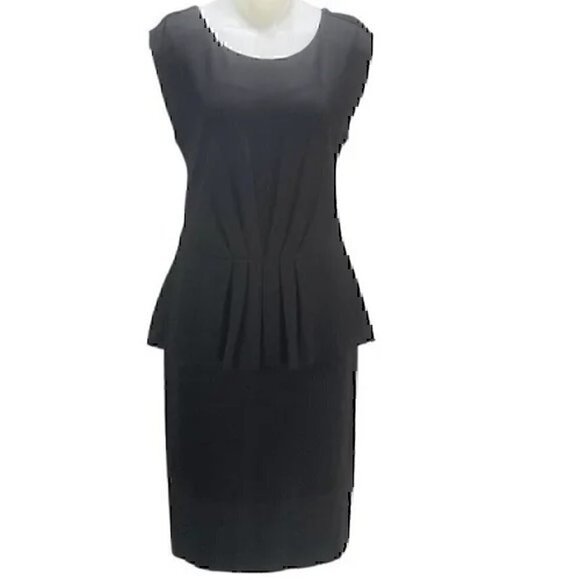 TAYLOR Solid Black Pleated Gathered Sleeveless Ponte Knit Peplum Sheath Dress 6 - Picture 2 of 12